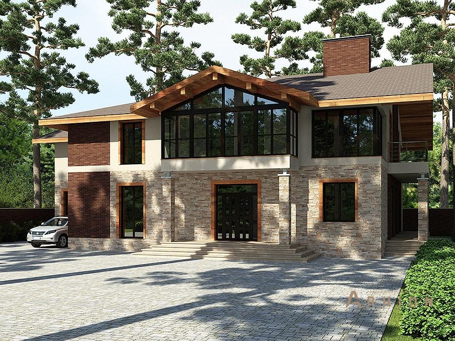 5. Проект двухэтажного дома в скандинавском стиле с многоскатной кровлей, av-590, площадью - 590 кв c терассой, балконом, гаражом